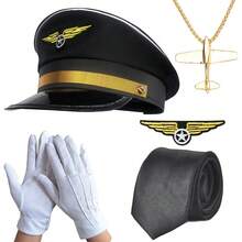 節日派對服裝－飛行員制服配件套裝－航空飛行員機長服裝套裝，包含帽子、領帶、手套、徽章、項鍊 - 彩色 - 查看 7