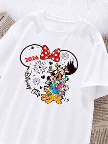 Retro Line Mickey Head 2026 Disney Family Fireworks Couple Short Sleeves, Simple Atmosphere Clock In Top - Women's - White - View 2