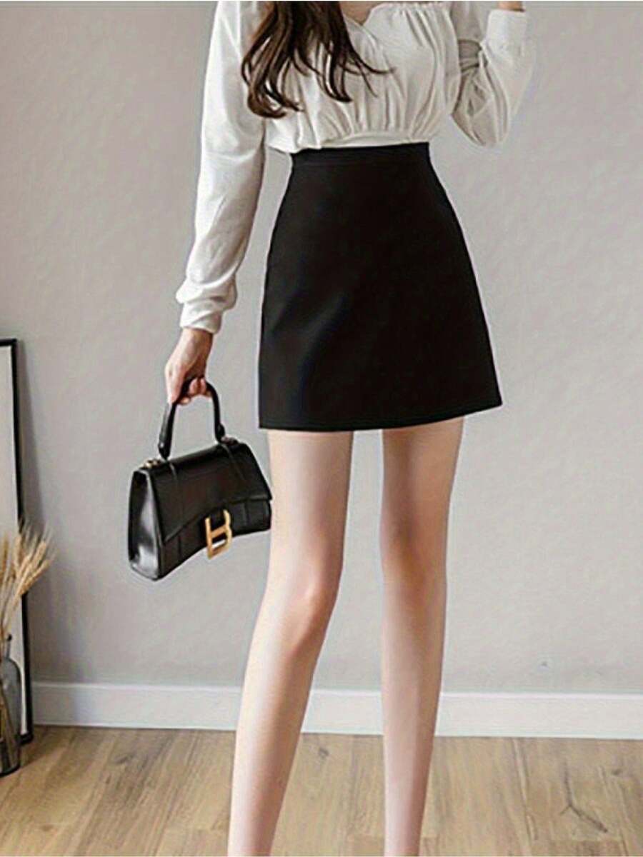 Elegant High Waisted Stretch Mini Skirt Solid Black Bodycon Short Skirt Slim Fit Elastic Waist Casual Skirt For Women Spring Summer Autumn - Black - View 1