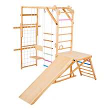 Indoor Playground Jungle Gym, 8-In-1 Wooden Indoor Playground Playset, 220LBS Loading Montessori Climbing Toys With Swing, Slide, Monkey Bar, Gym Rings, Wooden / Rope Ladder, Climbing Net & Bar - Colorful, 8-in-1, L - View 8