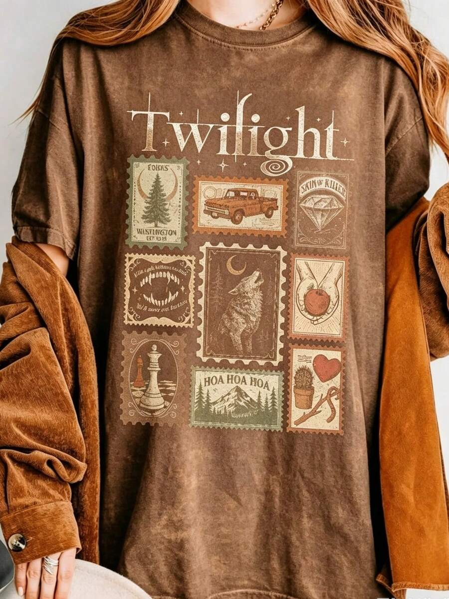 Vintage Twilight Movie Women T-Shirt, Retro Vampire And Wolves Graphic Tee, Y2K Oversized Classic 2000s Film Aesthetic Apparel, GothicHorror Romance - 棕色1 - 查看 1
