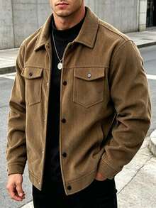 Spring & Autumn New Corduroy Jacket, Men's Fashion Casual Solid Color Lapel Coat, Middle-Aged & Young Adults Versatile Jacket, Fleece Material Winter Sports - Khaki - View 8