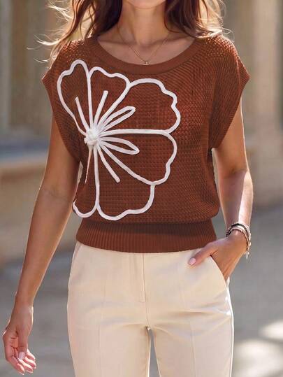 Top de punto de malla hueca con flores 3D para mujer, nuevo de verano, hombros descubiertos, hombros caídos, sin mangas, corto, cintura definida, holgado, efecto adelgazante, casual para ir al trabajo y citas, versátil