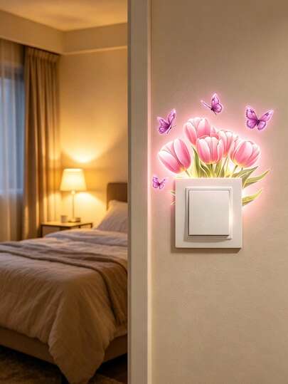 Pegatina de interruptor de luz con mariposa y tulipán rosa que brilla en la oscuridad, autoadhesiva y removible, añade un toque romántico y soñador a los interruptores de luz del hogar