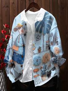 Women's Vintage Cartoon Print Cardigan, Long Sleeve Round Neck Button-Up Regular Fit Autumn Cardigan, Medium Stretch Fabric, Suitable For Winter Wear - Light Blue - View 3