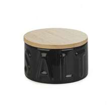 Barattolo ceramico nero con coperchio in bambù, vaso salvasapore pratico per sale e condimenti nella cucina domestica - Visualizzare 1