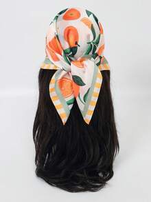 1 pieza Pañuelo de cabeza estilo vintage francés con estampado floral de limón cítrico, chal fino de protección solar, pañuelo para el cabello de mujer de seda sintética cuadrada, pañuelo para bolso, adecuado para playa, calle, uso diario, vacaciones, cinta decorativa. - S57143-Naranja - Ver 1