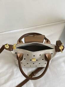 Dedoo 女款迷你托特包 波點印花 PU 斜挎包 翻蓋按扣開合 可調節肩帶 英式復古休閒日常單肩包 適合四季 無配件 - 米色 - 查看 9