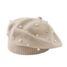 Topi Beret Rajut Mutiara, Topi Pelukis Vintage Warna Polos, Topi Wol Lembut untuk Musim Gugur/Dingin - mutiara - View 18