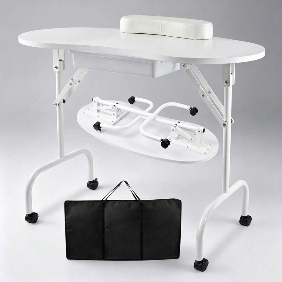 Folding Manicure Table With Wheels And Bag White Tabletop, Metal MDF, Portable Carrying Bag, Easy Assembly For Mobile Beauticians - White - View 1