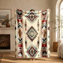 1PC Bohemian Geometric Feather Print Flannel Throw Blanket, Decorative Blanket For Living Room, B&B, Sofa, Nap - Multicolor - View 1