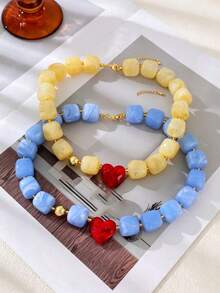 1pc Bohemian Vacation Style Luxury Sweet Unique Resin Square & Heart Shaped Beaded Necklace, Fashion Y2K Exquisite Women's Neck Jewelry, Suitable For Daily Wear, Date, Party And Beach Vacation - Multicolor - View 4