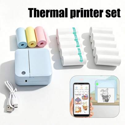 Mini Inkless Thermal Printer, Portable Pocket Sticker And Receipt Printer With 13 Thermal Paper Rolls (8 Thermal Paper And 5 Stick Paper), Smart Phone Printer For Photos, Notes, Diaries, Labels, Home And Office