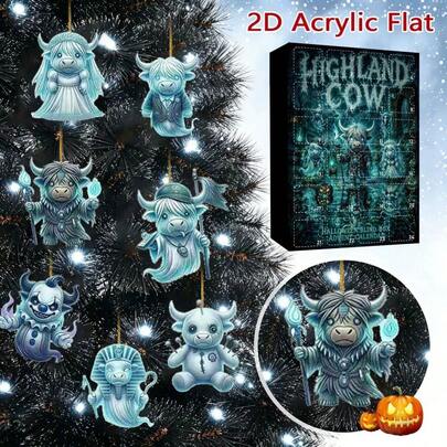 Halloween Highland Cow Advent Calendar, Christmas Tree Decor Acrylic Hanging Ornaments, 24 Window Countdown Rigid Gift Box, Ghost Highland Cow Mini Hangable Figurines, Indoor Table Accessory, Halloween Housewarming Gift