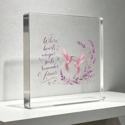 Hummingbird Floral Wreath Acrylic Plaque, Pink Purple Watercolor Inspirational Quote, Square Clear Desk Decor, Memorial Gift For Women, Home Office