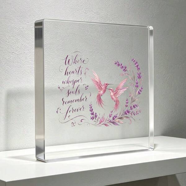 Hummingbird Floral Wreath Acrylic Plaque, Pink Purple Watercolor Inspirational Quote, Square Clear Desk Decor, Memorial Gift For Women, Home Office