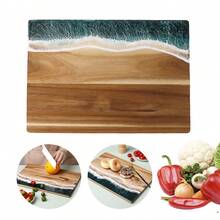 1pcHandcrafted Ocean Beach Resin Wood Serving Board, Cutting Board With Blue Ocean Wave Pattern, Multipurpose Charcuterie Platter For Breakfast Dessert Snacks, Coastal Kitchen Countertop Decor - 1pc Acacia Wood Cutting Board - View 8