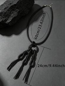 MARLIWOO 1pc Vintage Woven Circular Long Necklace With Tassel Pendant, Fashion Vacation Style, Niche Exaggerated Design, Adjustable - Black - View 6
