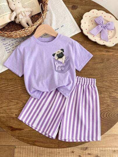 2pcs/Set Girls Toddler New Cute Puppy Print Short Sleeve Top + Striped Shorts Fresh Energetic Casual Outfit