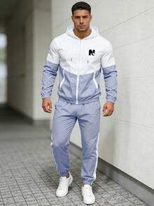 1套男士拼色連帽運動套裝，字母N印花拉鍊夾克與慢跑褲，2件式休閒運動服 - 灰色 - 查看 1