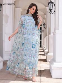 Luxury Elegant Long Robe, Stand Collar, Batwing Sleeves, Mesh Fabric, Embellished With Exquisite Embroidery Details, Autumn Vacation Fall - Baby Blue - View 2