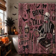 1pc/4pcs Halloween Telephone Skeleton Multi-Function Bathroom Decor Shower Curtain Set, Free 12 Hooks, Premium Holiday Atmosphere, Bathroom Mat, U-Shaped Rug And Round Toilet Lid Cover, Suitable For All Halloween Scenes - Phone Skull - View 8