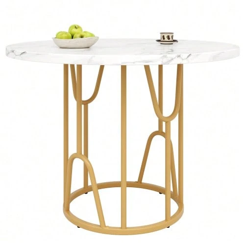 Round Dining Table (80 X 80 X 76 Cm), Lightweight And Luxurious Round Table For 4-6 People, Suitable For Dining Room And Living Room, MDF Tabletop In Marble Look, Gold Legs - 金色 - 查看 1