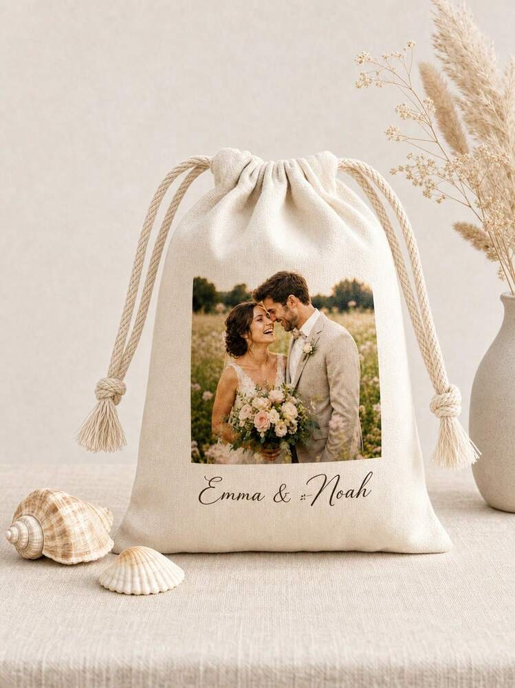 1pc Personalized Canvas Linen Bag With White Logo, Customizable Wedding Favor Gift Bag With Name For Bridal Shower, Bridesmaid Gift, Beach Wedding Favor Decoration, Bachelorette Party Favor Bag - Multicolor - View 3