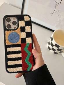 Apple Vintage Autumn/Winter Ins Style Plush Embroidered Geometric Pattern Phone Case Compatible With Iphone 14 Pro Max, IPhone 13, 12 Pro, X, XS, XR, 11, 16 Pro Max, 15 Waterproof Shockproof Anti-Fall Scratch Resistant - Black and White - View 6