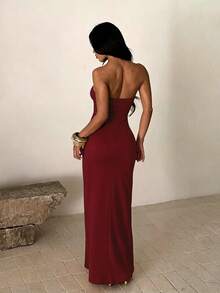 1pc Solid Color Elegant Knitted Fabric Ruffle Hem Dress Beach Vacation Summer - Burgundy - View 3