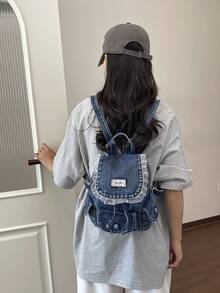 Dedoo 女款迷你抽繩翻蓋後背包，純色無印花，無吊飾蕾絲飾邊標籤，雙側口袋，適合日常通勤、上學、旅行 - 深色水洗藍 - 查看 12
