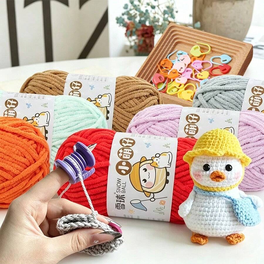 3 Rolls 100% Polyester Yarn Set With 30pcs Random Color Stitch Markers + 3pcs Finger Protectors DIY Doll Scarf Knitting Tools - Multicolor - View 1