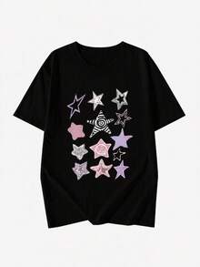 Y2K甜酷風女款圓領休閒寬鬆短袖T恤，復古星星印花，黑色夏季上衣 - 黑色 - 查看 5