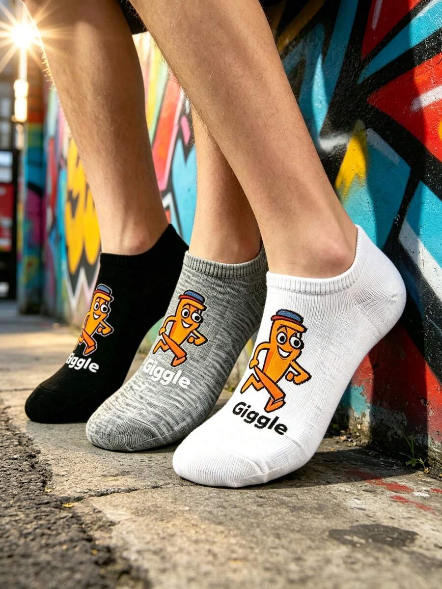 6 Pairs Men's Super Popular Giggle Cartoon Logo Short Socks, Classic Three-Color Versatile, Easily Inject Full Energy Into Your Outfit - Multicolor - View 1