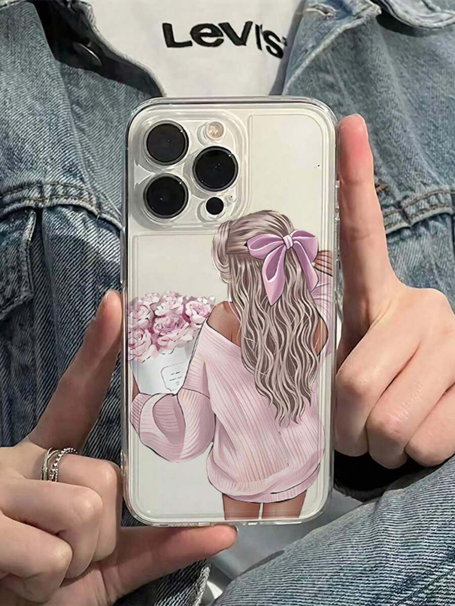 1pc Space Black Leather Bouquet Girl Personalized Minimalist Full Coverage TPU Shockproof Phone Case Compatible With Apple 17 16 15 14 13 12 11 Pro Max Air And Series - Multicolor - View 1