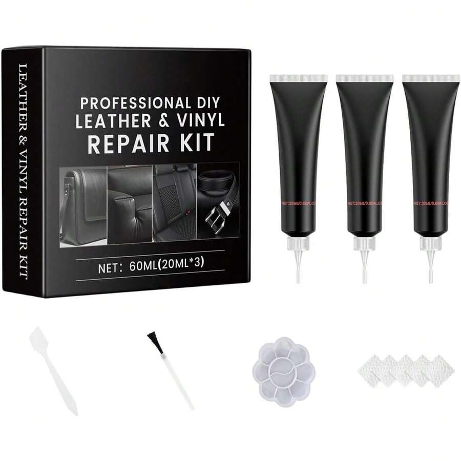 Kit de Reparación de Cuero Marrón para Muebles, Sofás, Asientos de Coche, Vinilo y Cuero - Kit de Reparación de Sofás con Relleno, Parches y Adhesivo - Restaura Grietas, Agujeros y Arañazos en Cuero Sintético, Cuero Combinado y Cuero Genuino (Negro) - Negro - Ver 1