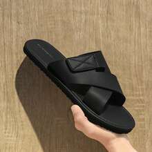 Solid Color Cross-Strap Hook And Loop Men's Slippers, Thin Flat Sole, Beach Travel Versatile Business Casual Sandals - Black - View 2