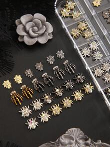 12格盒裝萬聖節暗黑蜘蛛美甲水鑽飾品，金銀色水鑽蜘蛛網骷髏手合金美甲裝飾，Y2K酷帥DIY穿戴甲配件 - 彩色 - 查看 5