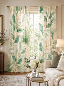2pcs Watercolor Green Leaf Print Decorative Curtains, No-Drill Rod Pocket Design, Easy Installation & Removable, Polyester Material, Suitable For Living Room, Bedroom, Bohemian Nordic Modern Home Decor - Multicolor - View 6
