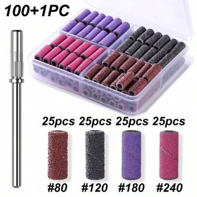 Juego de 100 piezas de bandas de lijado para uñas con 1 pieza de mandril, 4 granos #80/#120/#180/#240, fundas de lijado pequeñas para taladro de uñas, herramientas de manicura y pedicura para uñas acrílicas, eliminación de esmalte de gel, limpieza de callos y piel muerta