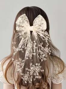 1件裝蕾絲蝴蝶結春季髮夾，甜美氣質仙女風刺繡長緞帶髮夾，髮飾 - 白色 - 查看 8