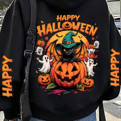 HALL ハロウィンレタープリントパターン スウェットシャツ、プラスサイズ レディースカジュアル 秋冬 長袖 ポケット スウェットシャツ ブラック