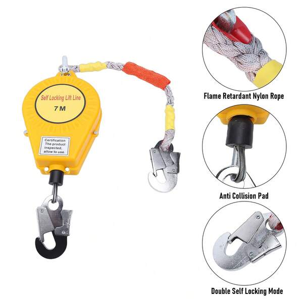 Línea de Vida Retráctil 3/5/7/10M con Cable de Acero, Anticaídas para Trabajo en Alturas de hasta 150kg, Bloqueo Doble de Se-guridad, Equipo de Protección Individual para Construcción y Rescate
