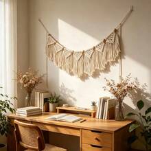 1pc Macrame Wall Hanging Bohemian Style Wall Decor Tapestry Handmade Woven Short Tassel Fiber Art Wall Hanging Bed Headboard Background Wall Decor - Beige - View 4