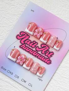 10pcs/Set Handmade Square Pointed False Nails, Y2K Baddie Style, Nude Pure White French Tip, 3D Pink Flower Pearl Small Gold Bead Decor, Gentle Daily, Suitable For Party, Dance, Daily Wear, Comes With Tool Set, Perfect Gift For Women - White - View 2