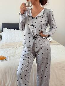 Dreamivo Ruched V-Neck Patchwork Heart Print Long Sleeve Top + Long Pants 2 Pieces Set - Multicolor - View 3
