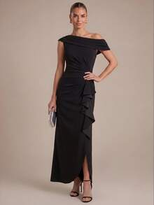 EVERPRETTY Elegant Asymmetrical Shoulder Ruffle Mermaid Black Mid-Length Evening Dress, Suitable For Formal Occasions, Evening Parties, Weddings, Guest Dress - Black - View 7