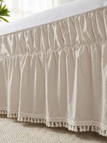 1件純色米色小格紋流蘇床裙，簡約日常可愛經典，舒適透氣聚酯纖維，適合四季使用，理想的臥室裝飾與家居裝飾蕾絲床裙 - 米灰色 - 查看 9