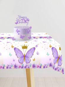 1Pc Disposable Plastic Tablecloth,Purple Butterfly Pattern Rectangle Table Cover For Princess Theme Bridal Shower Baby Shower Birthday Party Decor - Multicolor - View 5