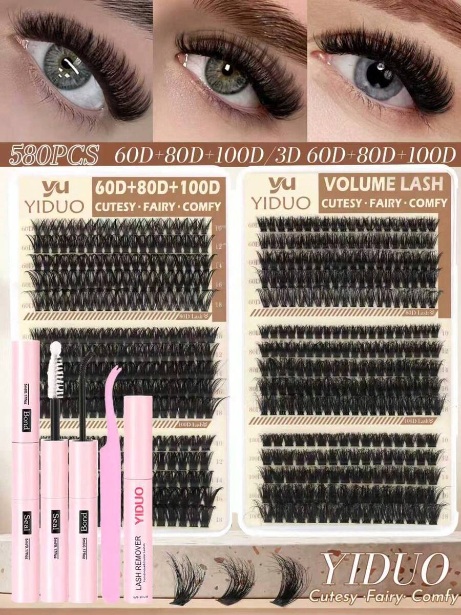 YIDUO 580pcs Cluster Eyelashes Set, 6 Styles Including 60D,80D,100D, 3D Effects, With Eyelash Glue, Makeup Remover, Easy DIY At Home, Daily Makeup Application For Beginners Wedding And Holiday Parties, Beginner-Friendly - Multicolor - View 1